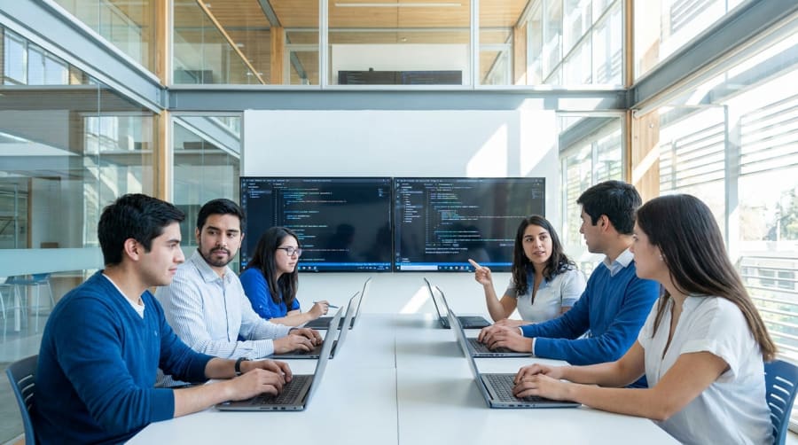Estudiantes de Ingeniería Civil Informática trabajando con código en la Universidad Autónoma de Chile