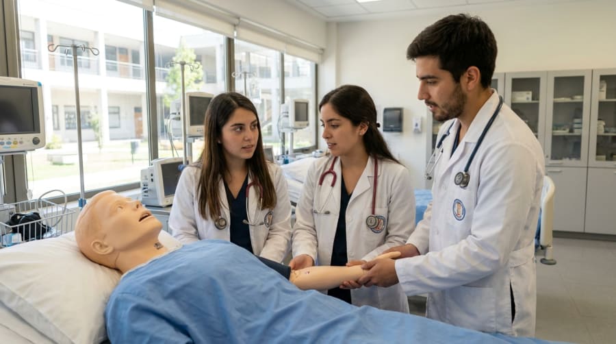 Estudiantes de Medicina practicando en un laboratorio de simulación clínica