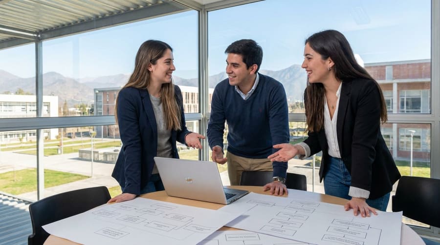 Estudiantes de Ingeniería Comercial trabajando en equipo con un laptop