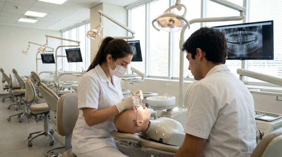 Estudiante de Odontología practicando en una clínica dental universitaria