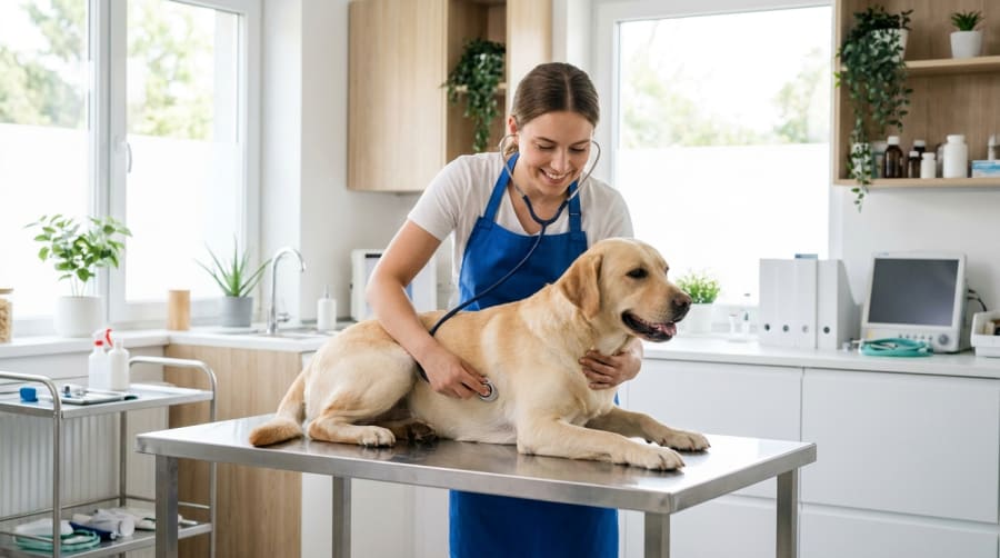 Estudiante de Medicina Veterinaria examinando a un perro en una clínica veterinaria