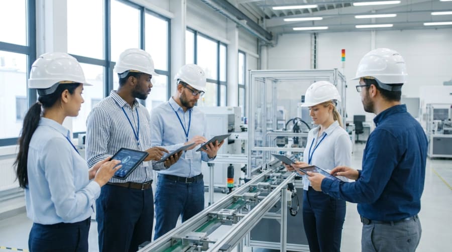 Estudiantes de Ingeniería Civil Industrial con casco de seguridad en una planta de producción