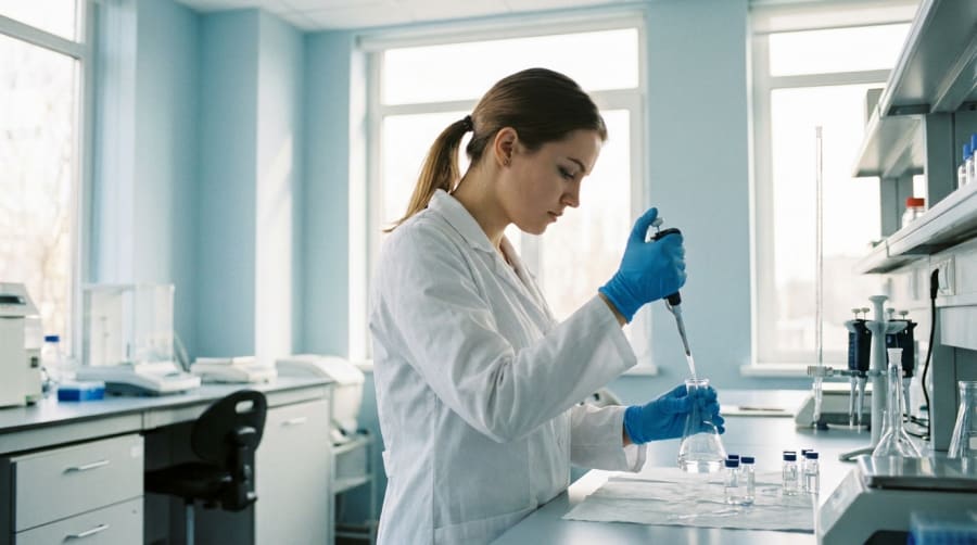 Estudiante de Química y Farmacia trabajando con material de laboratorio