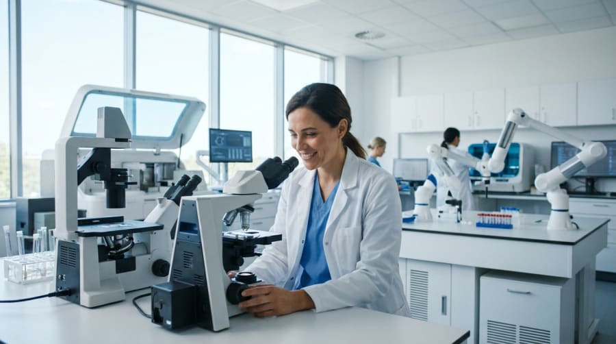 Profesional de Tecnología Médica analizando muestras en un microscopio