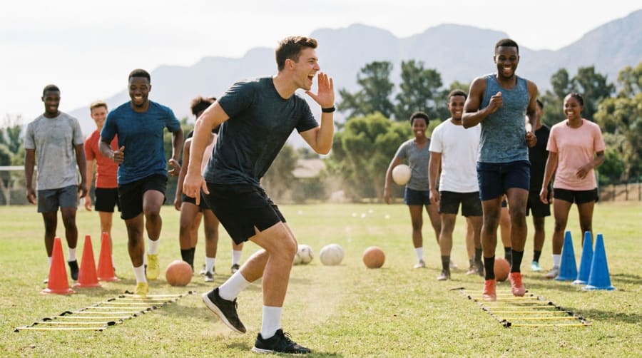 Entrenador deportivo dirigiendo a un grupo de deportistas en una cancha