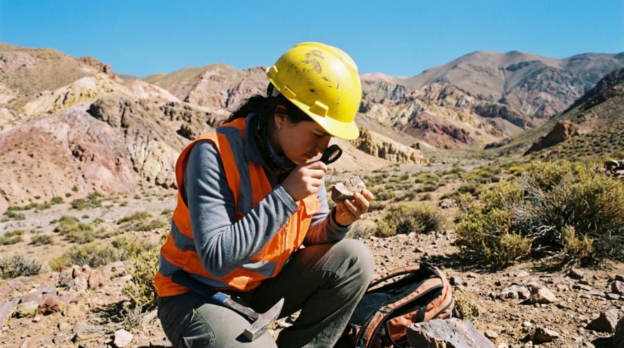 Geóloga examinando muestras de roca en terreno cordillerano