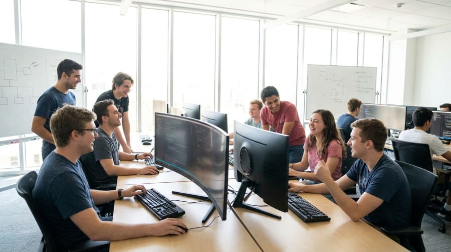 Estudiantes de Ingeniería Civil Informática programando en una sala de computación