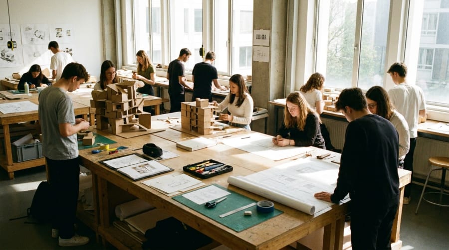 Estudiantes de Arquitectura trabajando con maquetas y planos en un taller universitario