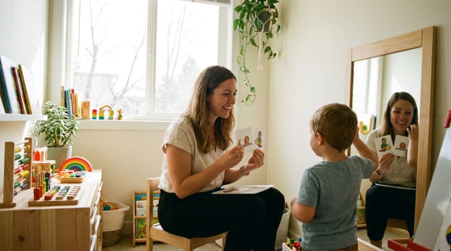 Fonoaudióloga trabajando ejercicios de lenguaje con un niño en una sala de terapia