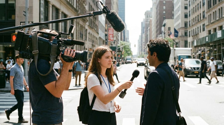 Periodista entrevistando a una persona en la calle junto a un camarógrafo