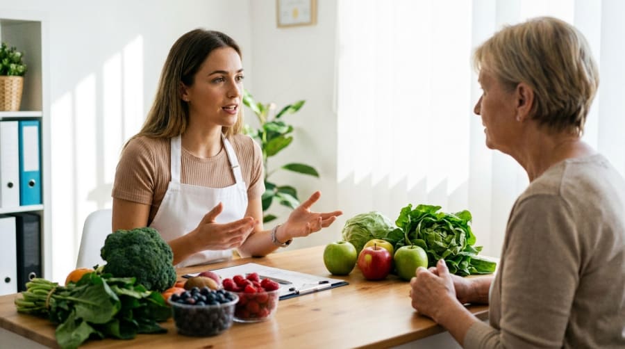 Nutricionista explicando una pauta alimentaria a una paciente en consulta