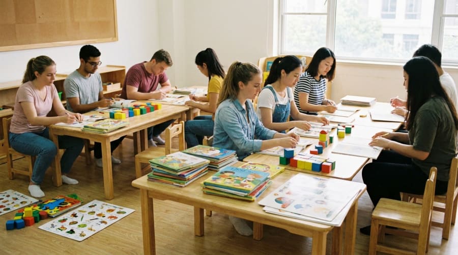 Estudiantes de Educación Parvularia preparando material didáctico en una sala infantil