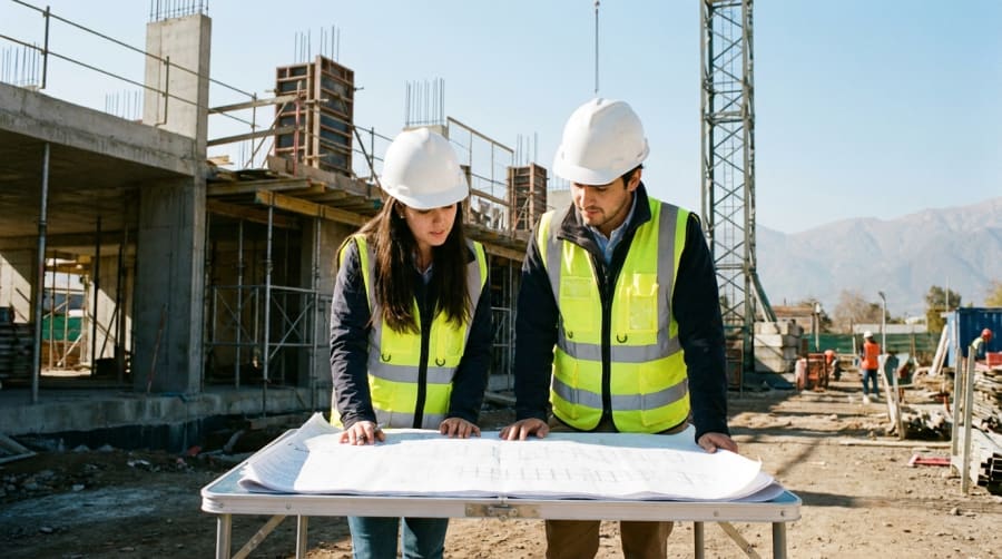 Ingenieros civiles revisando planos de estructuras en una obra en construcción