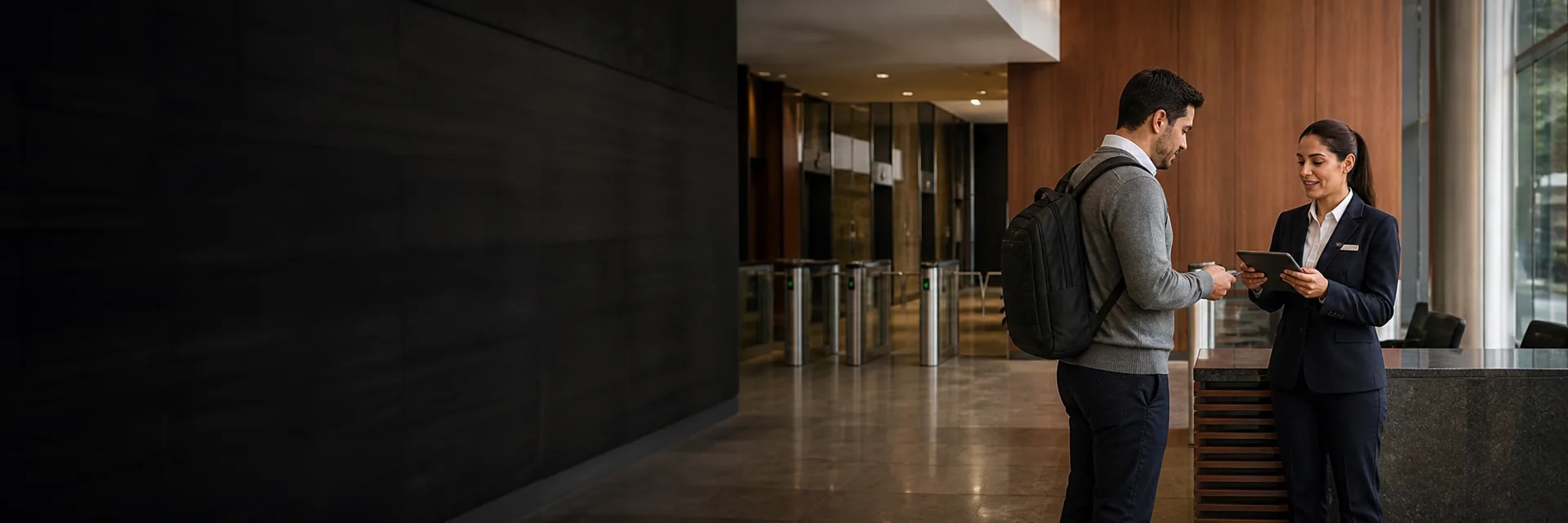 Personal de conserjería asistiendo a un visitante en la recepción de un edificio corporativo