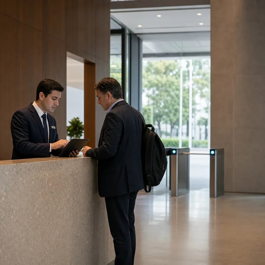 Conserje asistiendo a un visitante en la recepción de un edificio corporativo