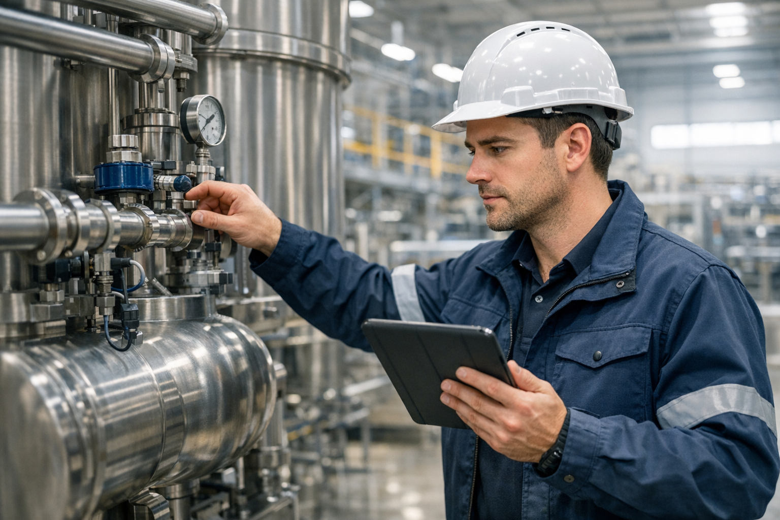 Técnico revisando maquinaria industrial como parte de un plan de mantenimiento preventivo