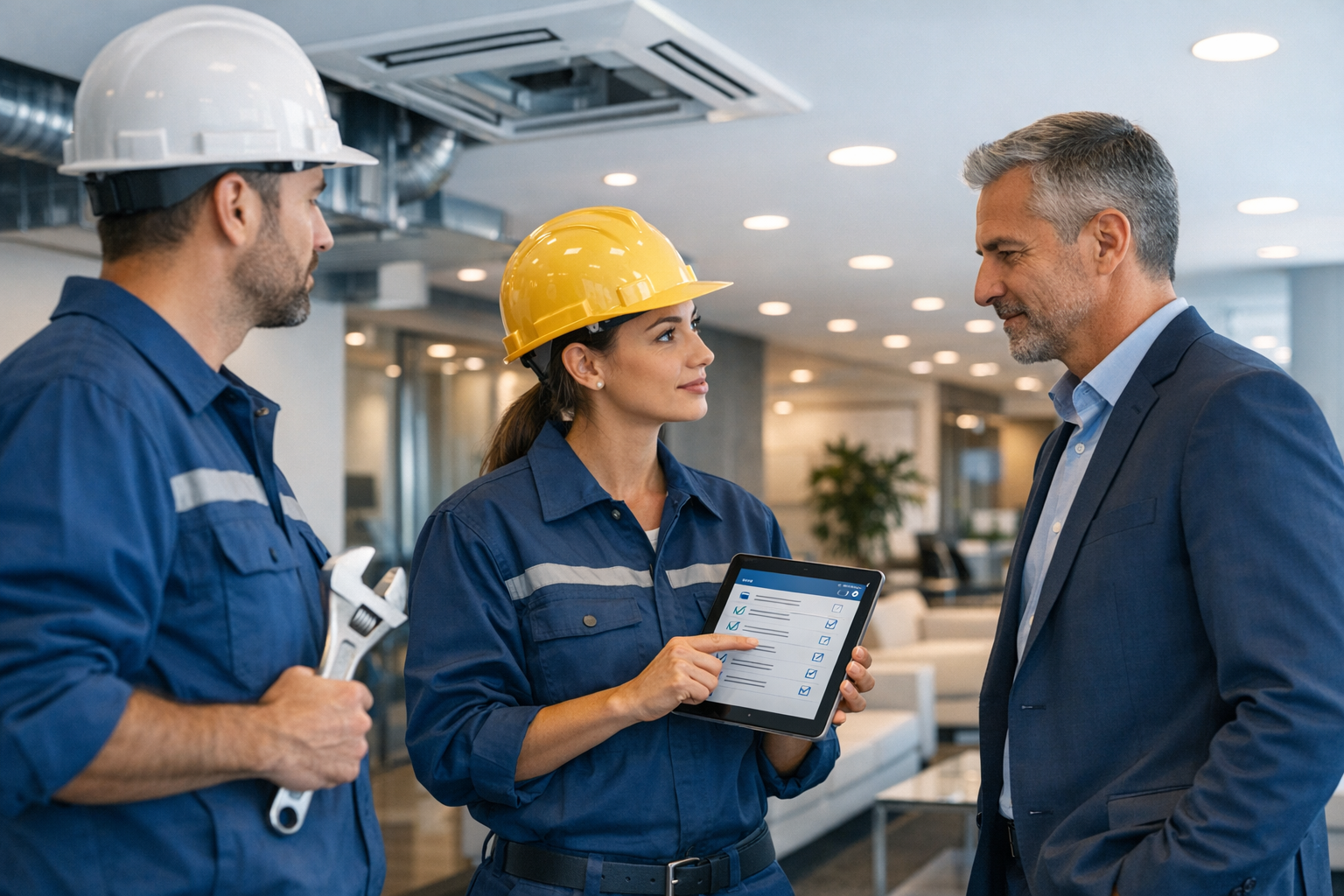 Equipo técnico revisando instalaciones corporativas como parte de un servicio de facility management