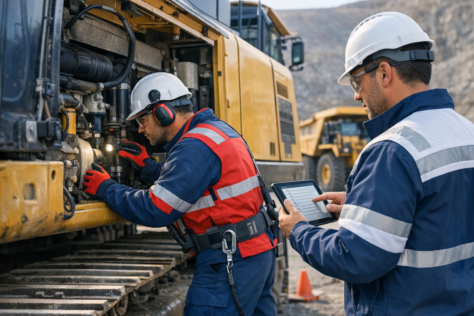 Técnico inspeccionando maquinaria pesada en Chile durante una mantención preventiva