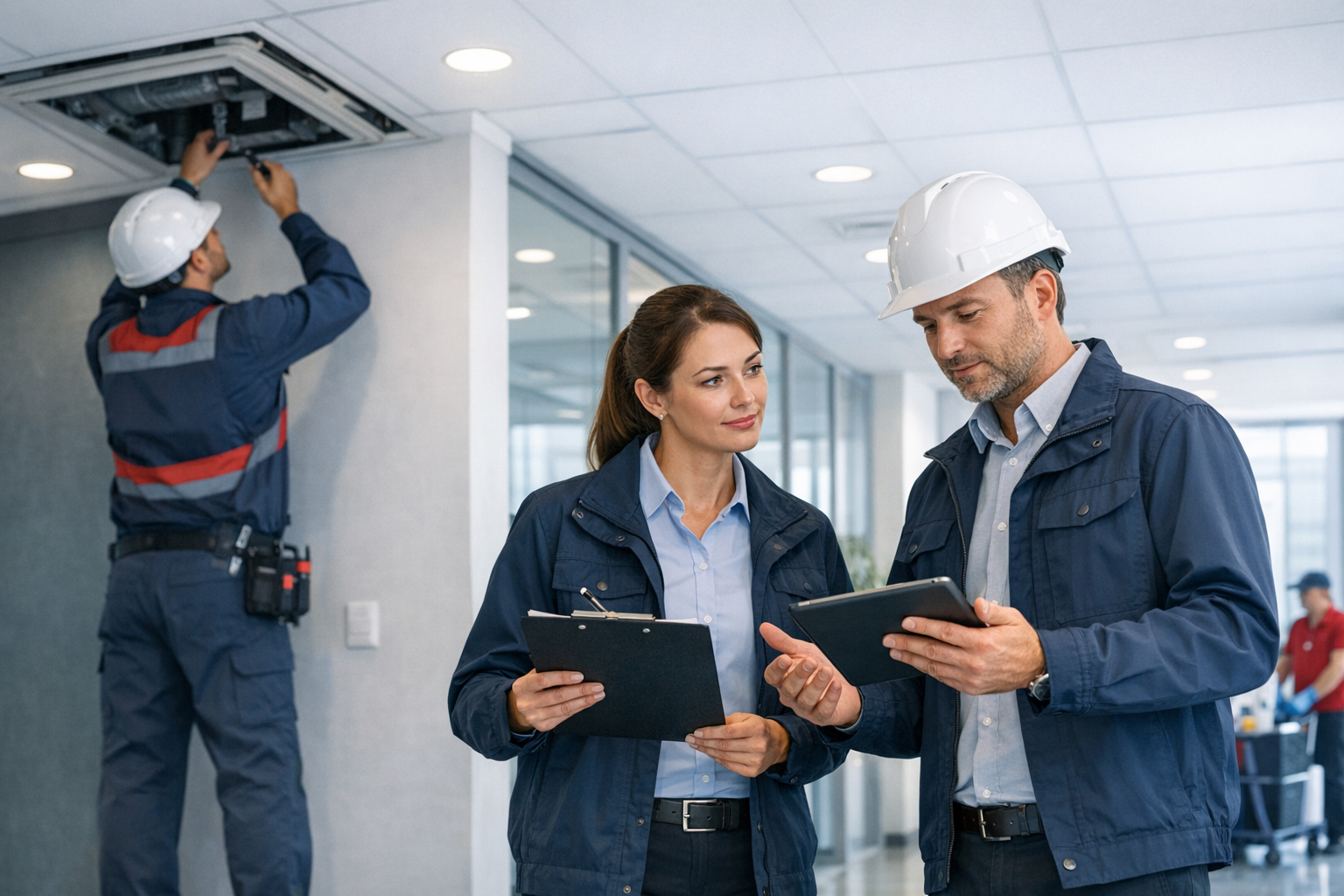 Equipo técnico coordinando gestión de instalaciones en espacios corporativos en Uruguay