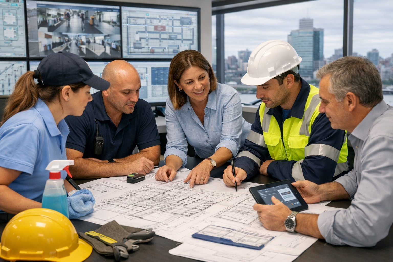 Facility management en Uruguay con equipo coordinando servicios de mantenimiento corporativo