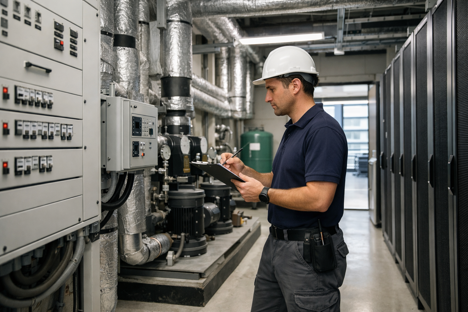 Mantenimiento de edificios en Uruguay con técnico inspeccionando instalaciones comunes
