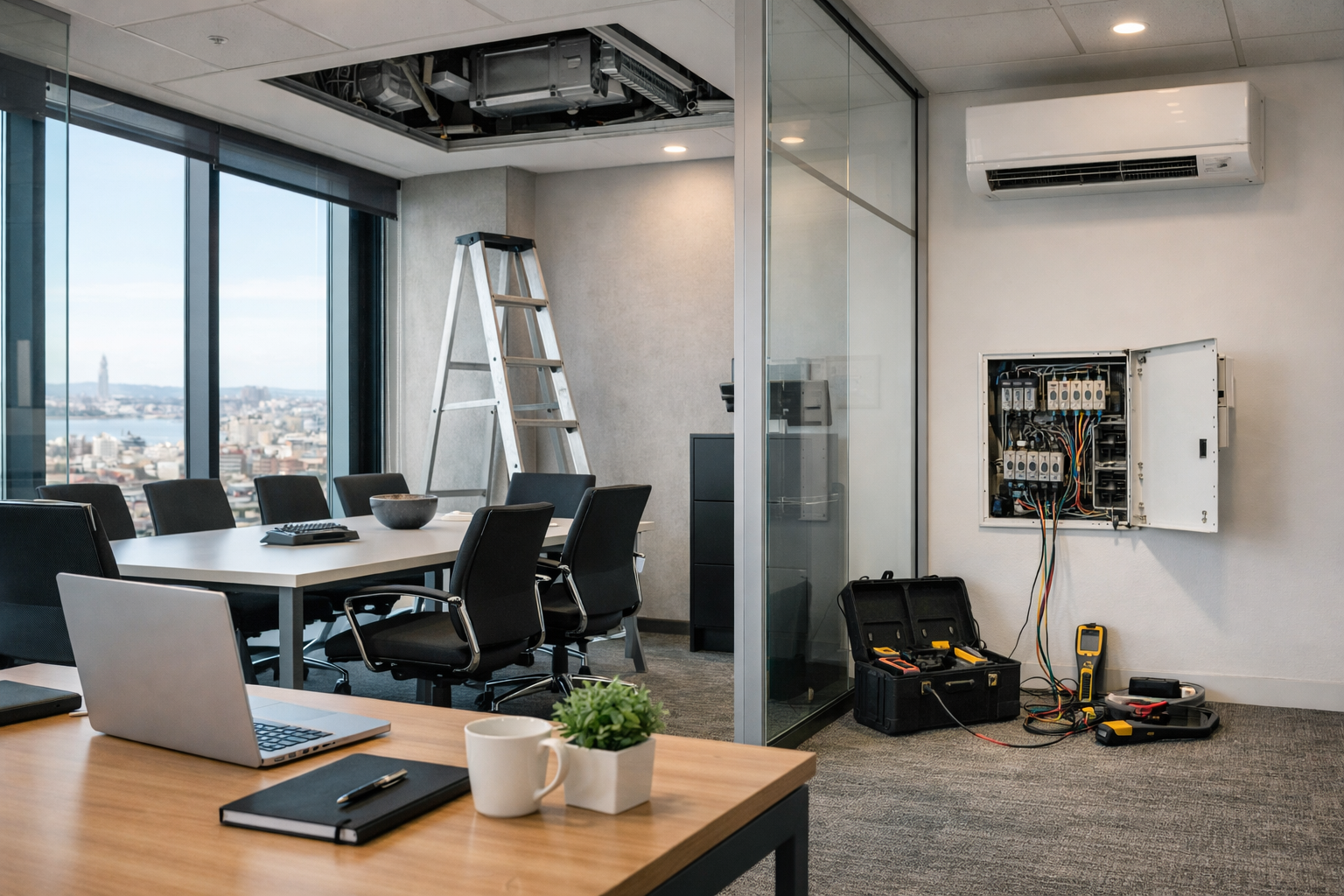 Mantenimiento de oficinas en Uruguay con técnico revisando instalaciones corporativas