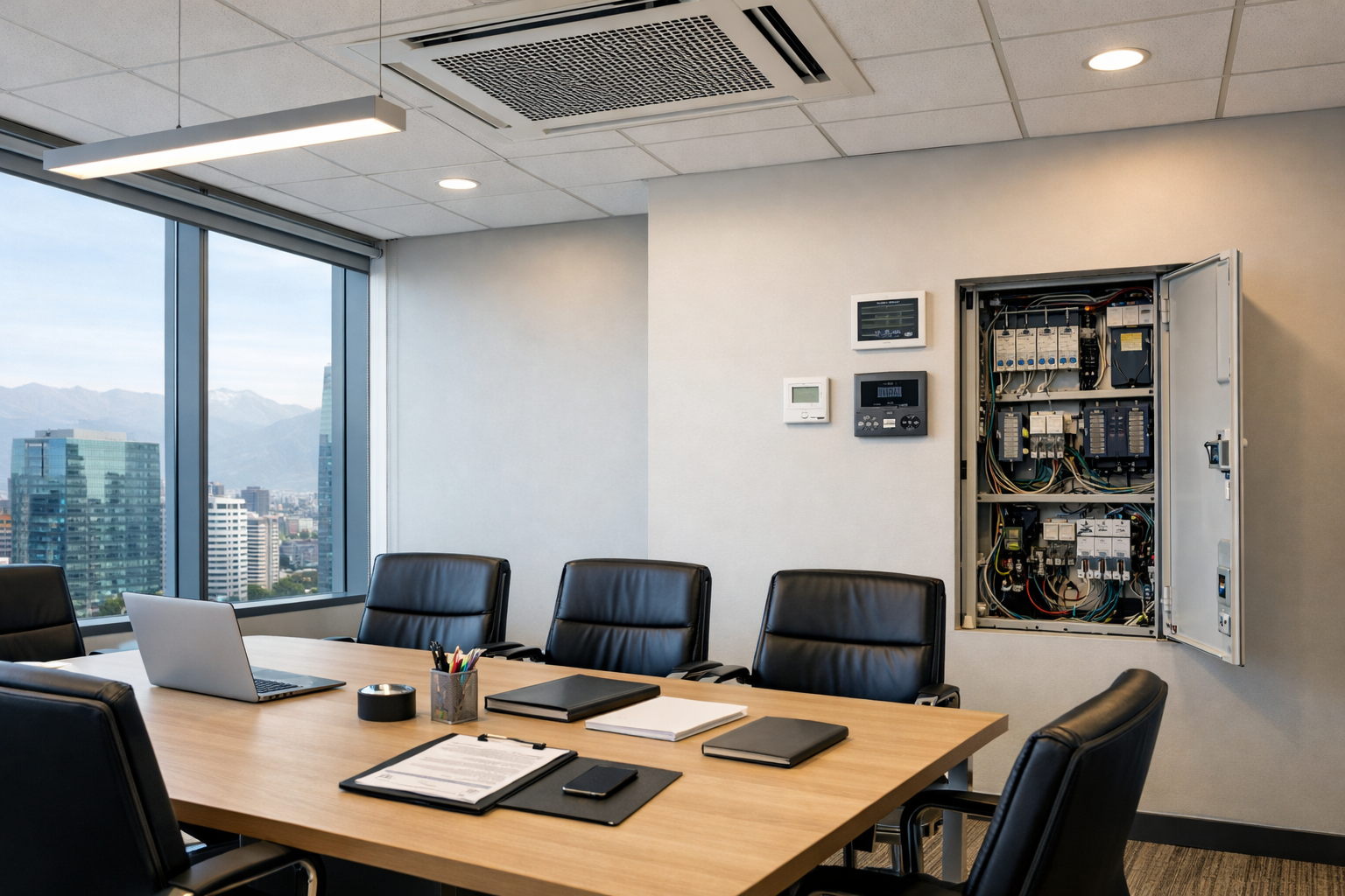 Mantenimiento de oficinas en Chile en sala corporativa con instalaciones técnicas visibles