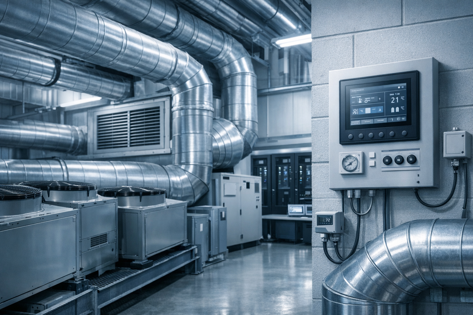 Sala técnica de climatización industrial con ductos, sensores y tablero de control climático