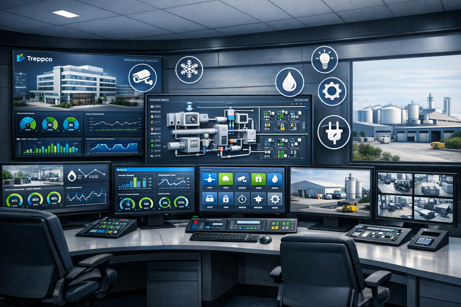Sala de control de gestión de instalaciones corporativas con tableros de mantenimiento y eficiencia