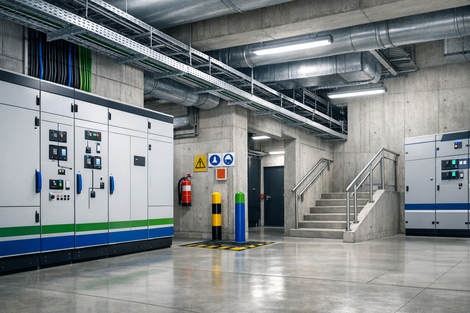 Sala eléctrica industrial con tableros, bandejas portacables y sistemas de mantenimiento eléctrico empresarial