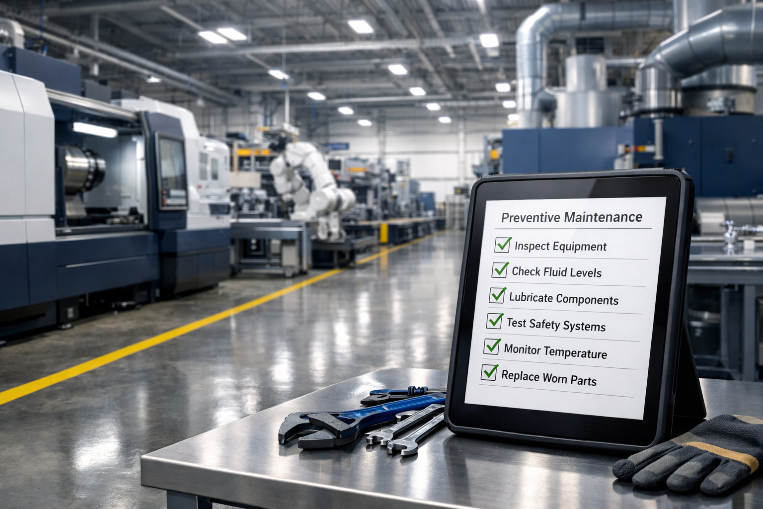 Planta industrial organizada con checklist técnico para mantenimiento preventivo