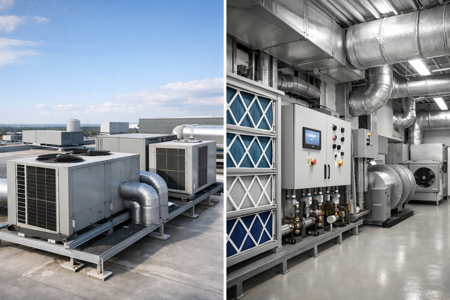 Sala técnica de climatización empresarial con ductos, filtros y panel de control