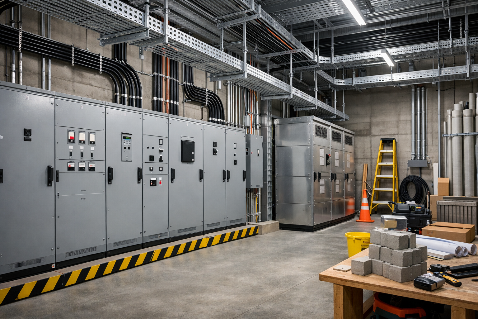 Sala eléctrica industrial con tableros, bandejas portacables y canalizaciones ordenadas