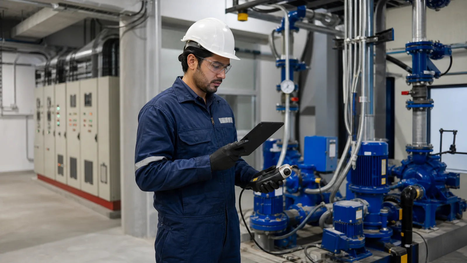 Técnico realizando mantenimiento electromecánico en una instalación empresarial de Chile
