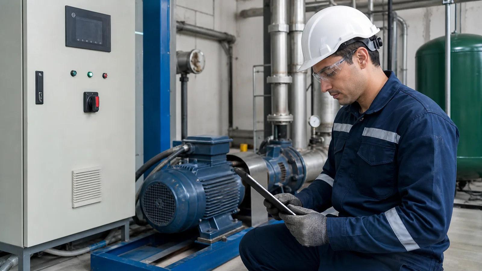 Técnico inspeccionando equipos electromecánicos en una empresa de Uruguay