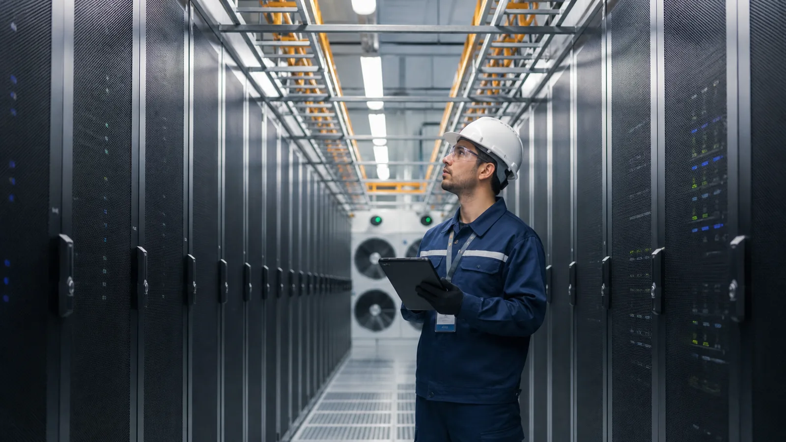 Técnico realizando mantenimiento de infraestructura crítica en un data center de Chile