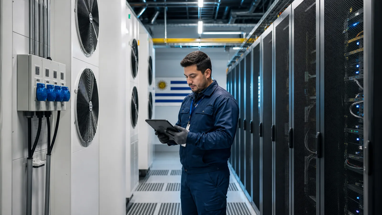 Técnico verificando infraestructura crítica en un data center de Uruguay