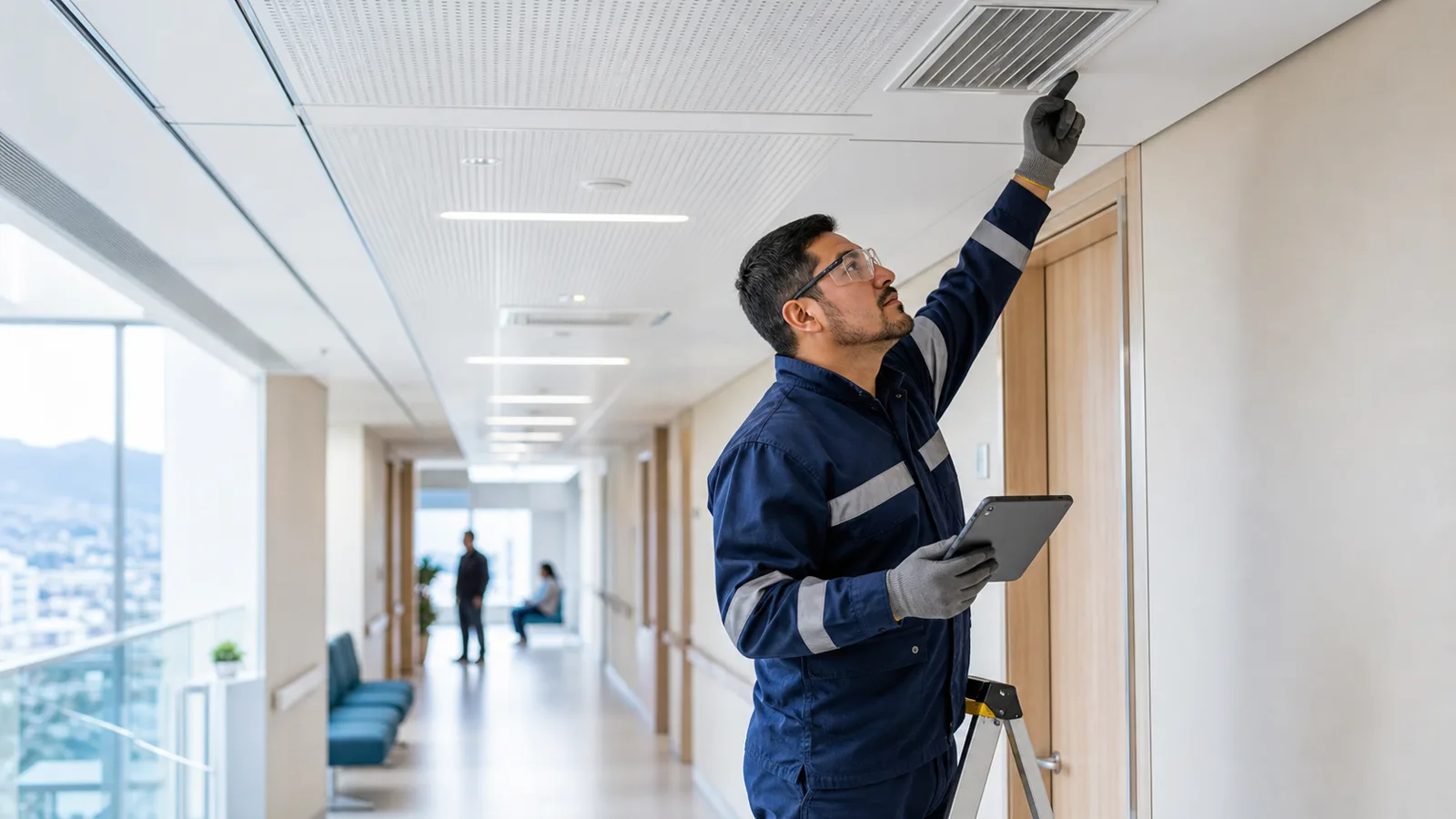 Técnico realizando mantenimiento de instalaciones en un centro de salud de Chile