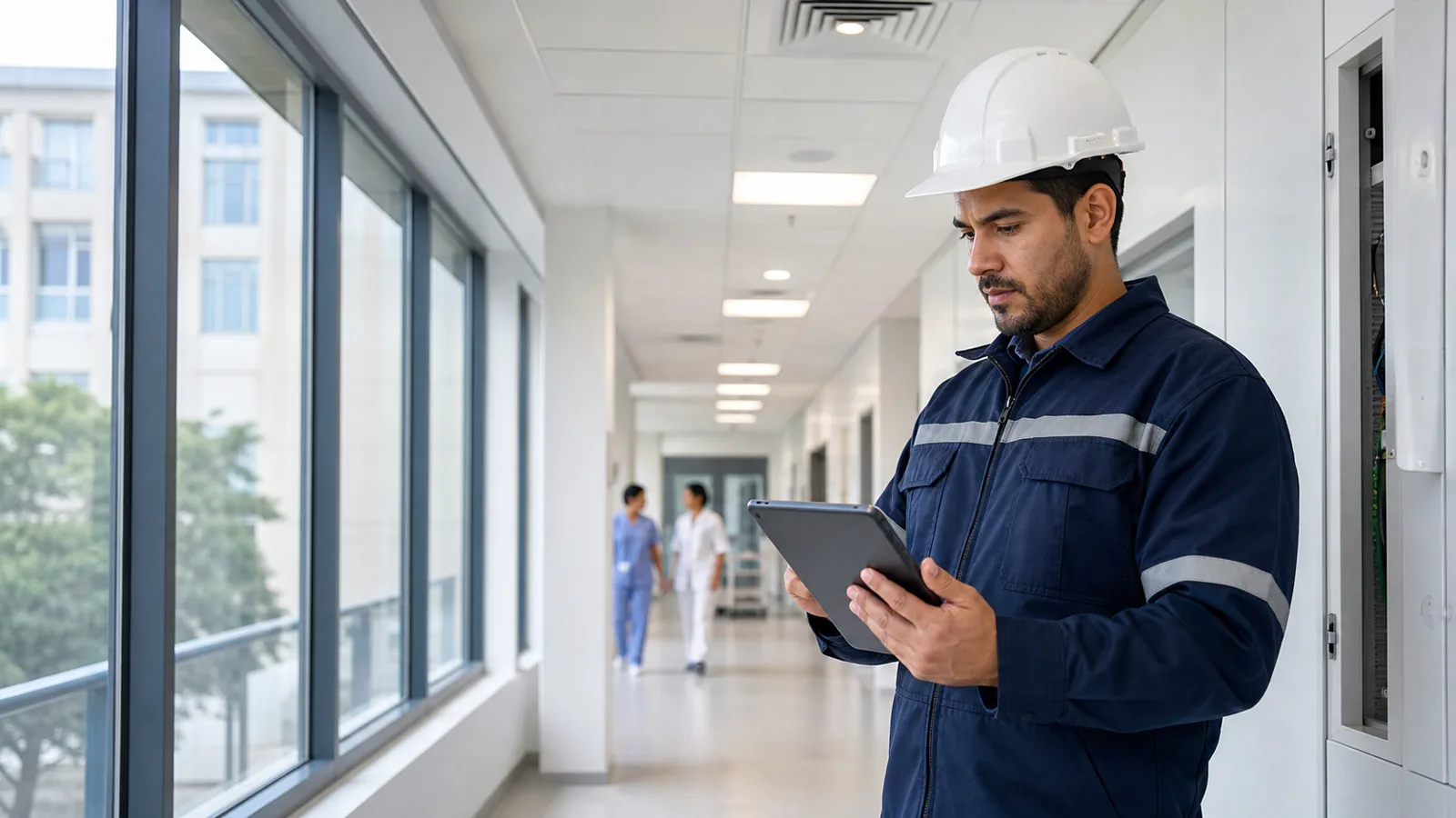 Técnico inspeccionando instalaciones en un centro de salud de Uruguay