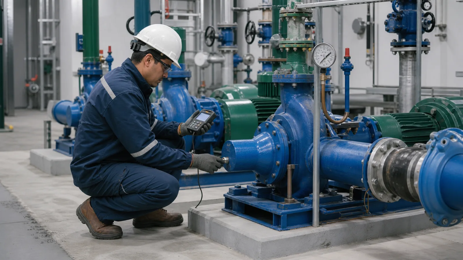 Técnico realizando mantenimiento de bombas de agua en una sala técnica de Chile