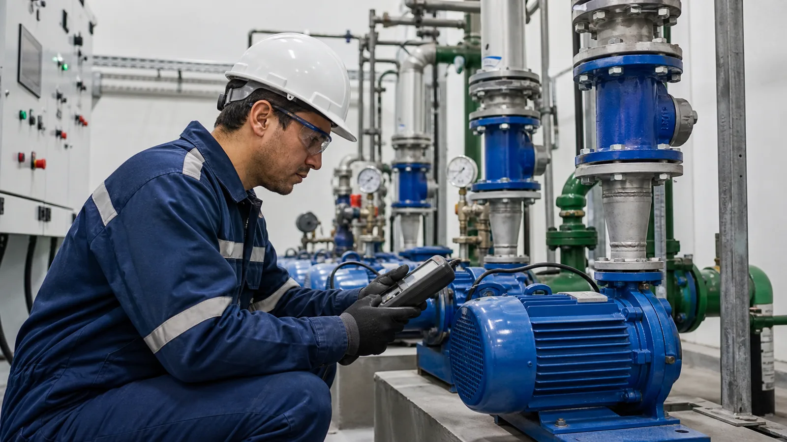 Técnico inspeccionando bombas de agua en una instalación empresarial de Uruguay
