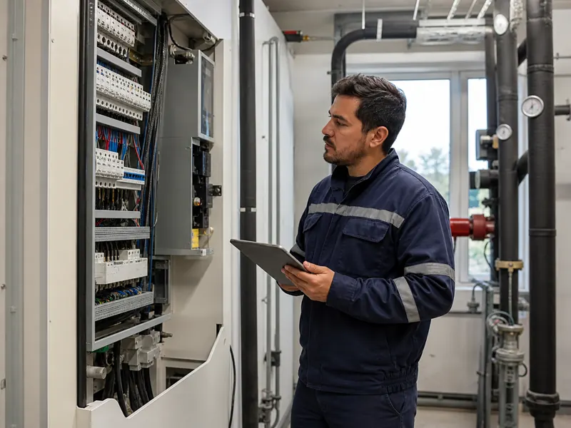 Técnico realiza mantenimiento de edificios en una sala técnica