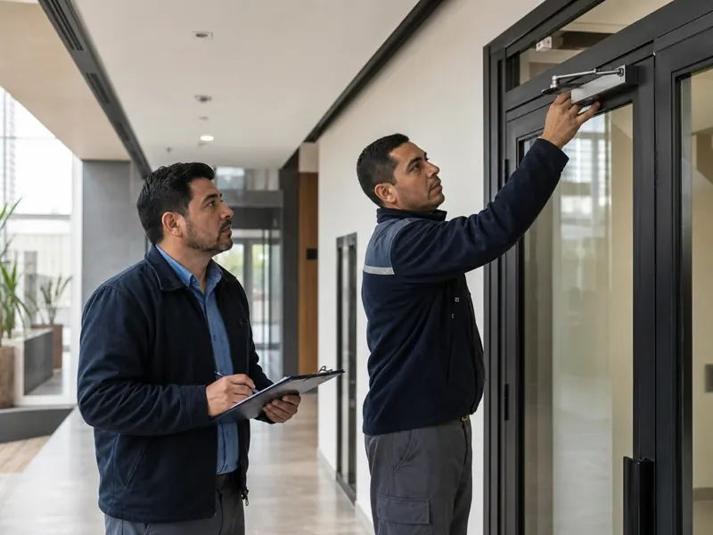 Equipo revisa accesos durante el mantenimiento de edificios
