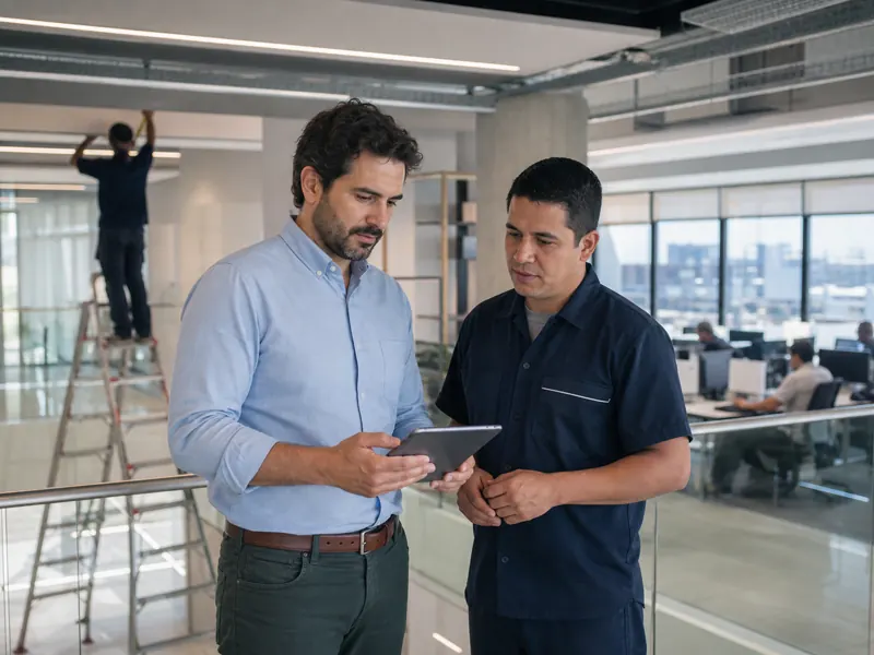 Facility manager coordina mantenimiento y servicios en un edificio corporativo