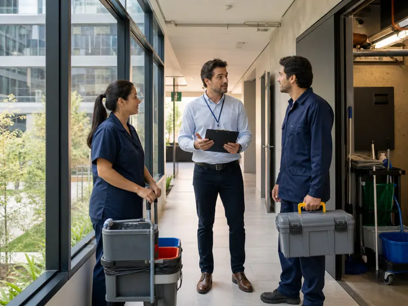 Equipo de facility management coordina proveedores en una instalación empresarial