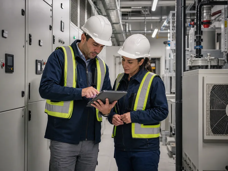 Equipo revisa prioridades de gestión de instalaciones en una sala técnica