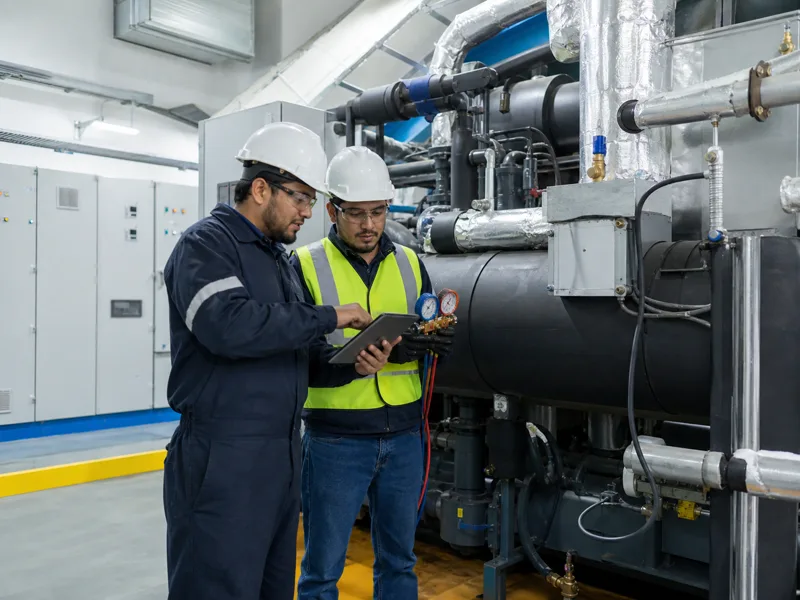 Técnicos inspeccionan un sistema de aire acondicionado industrial