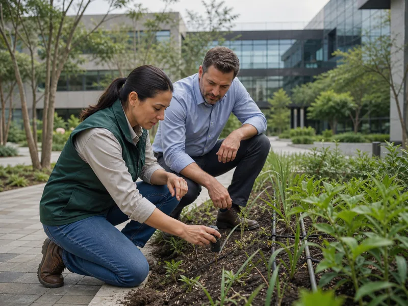 Equipo inspecciona riego y plantas durante el mantenimiento de espacios verdes