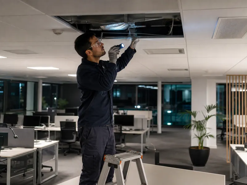 Técnico realizando una inspección de mantenimiento de oficinas