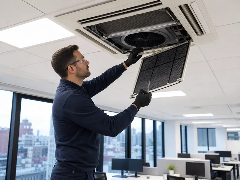 Técnico realizando mantenimiento de aire acondicionado en una oficina